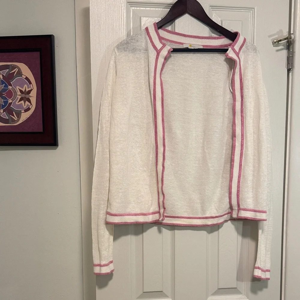 Boden White Linen Cardigan with Pink Trim - Picture 4 of 4